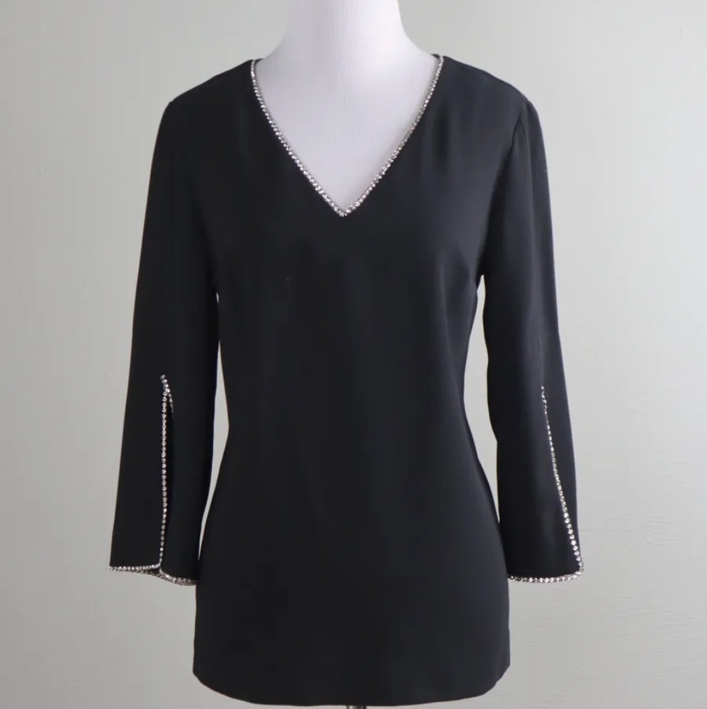 Trina Turk Rhinestone Crystal Trim Black Crepe Lined Top, Size XS